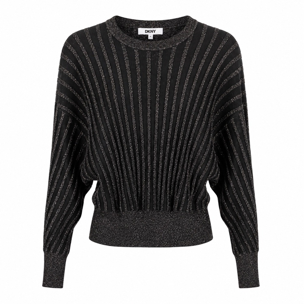 DKNY Womens Sweater Medium Black Metallic Rib Knit Shimmer Glam Disco Party NWT